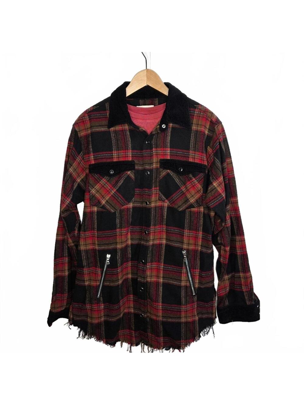 ORO LA Red Black Plaid Shacket Jacket Distressed Hem Zip Pockets Cotton/Wool Med
